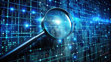 A magnifying glass hovers above a darkened digital landscape, illuminating cryptic codes and scattered data fragments, highlighting the intense scrutiny required for cybersecurity investigations.