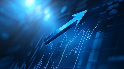 An upward-pointing arrow on a blue graph, accompanied by financial charts and graphs in the background, presented in a flat lay composition to represent business growth and financial success.