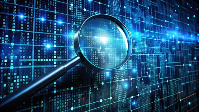 A magnifying glass hovers above a darkened digital landscape, illuminating cryptic codes and scattered data fragments, highlighting the intense scrutiny required for cybersecurity investigations.