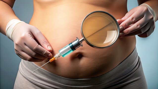 A magnifying glass highlights a syringe injecting a solution into fatty tissue, illustrating a non-invasive cosmetic treatment to dissolve and remove excess body fat.