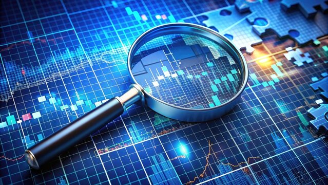 A magnifying glass hovers over a grid of financial data and graphs, surrounded by cryptographic codes and puzzle pieces, symbolizing in-depth investigation and analysis.