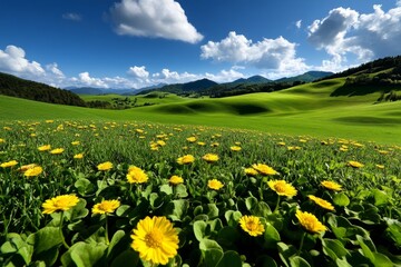 Fototapeta premium Flower-filled meadows, rolling hills, blue sky create a picture-perfect scene of natural beauty