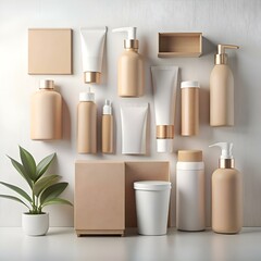 A beautiful arrangement of minimalist skincare and beauty product packaging. featuring a clean white background and natural kraft paper elements for a modern and eco conscious aesthetic.
