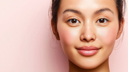 Naklejka premium Close-up portrait of a young woman with smooth, radiant skin against a pink background. She has minimal makeup, natural eyebrows, and a slight smile, emphasizing her clear complexion.