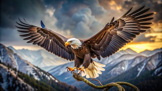 A majestic bald eagle spreads its wings, talons outstretched, as it grasps a serpent in mid-air, locked in a fierce and symbolic struggle.