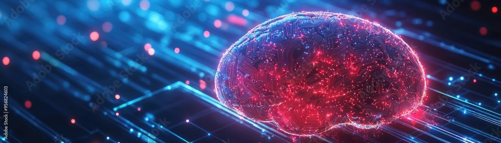 Poster a futuristic representation of a brain showcasing advanced technology and neural networks in vibrant