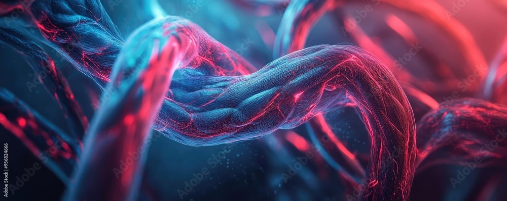 Poster abstract close-up of intertwined fibers illuminated in vibrant blue and red tones, creating a visual
