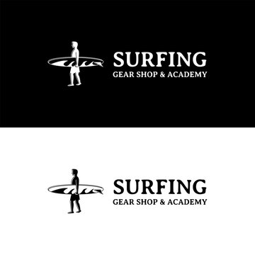 A surfer holding surfboard for surf gear shop and school academy logo design