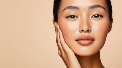 Close-up of a young Asian woman with flawless skin and natural makeup, resting her hand on her face. The background is a soft beige color.