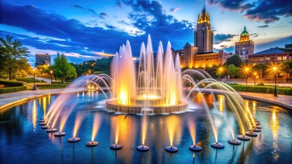 A majestic fountain in Kansas City's Crown Center sprawls with grandeur, shimmering water jets and intricate stonework creating a serene urban oasis atmosphere.