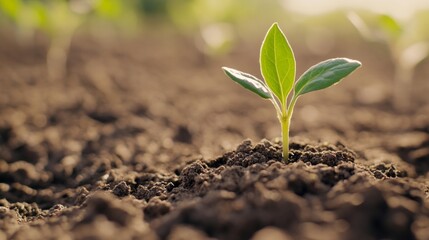 Fototapeta premium Emerging Sprout, a young plant breaking through the soil, surrounded by openness, representing growth, resilience, and the beauty of simplicity in nature.