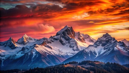 Obraz premium A majestic mountain range at sunset, its rugged silhouette sharply defined against a vibrant orange and pink sky, with snow-capped peaks and distant mist.