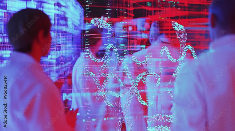 Poster scientists analyzing digital data on genetic structures in a high-tech laboratory