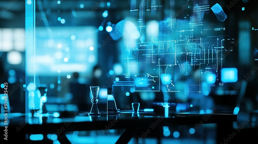 Poster digital data visualization over a sleek modern workspace filled with blurred figures in the backgrou