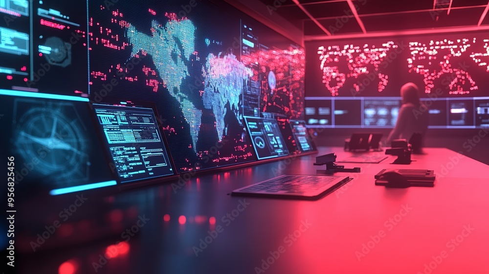 Poster High-tech command center with global digital maps and data analytics during late hours of cybersecurity operations