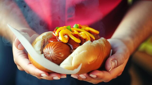 A person is holding a hot dog with mustard and ketchup. The hot dog is placed in a bun and is being held in a person's hand