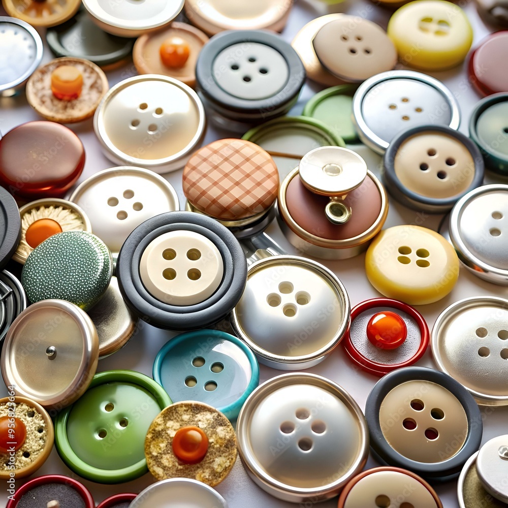 Poster a vibrant collection of assorted buttons in various colors. materials. and sizes.