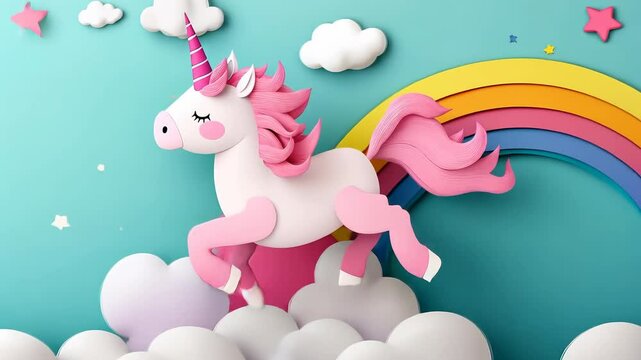 A unicorn is flying through a rainbow in the sky. The unicorn is pink and has a long, flowing mane. The rainbow is colorful and vibrant, with a mix of yellow, pink, and blue hues