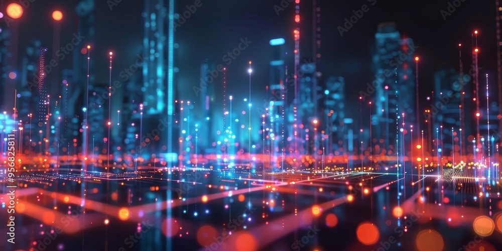 Poster a cityscape overlaid with glowing network connections, symbolizing the integration of data and urban
