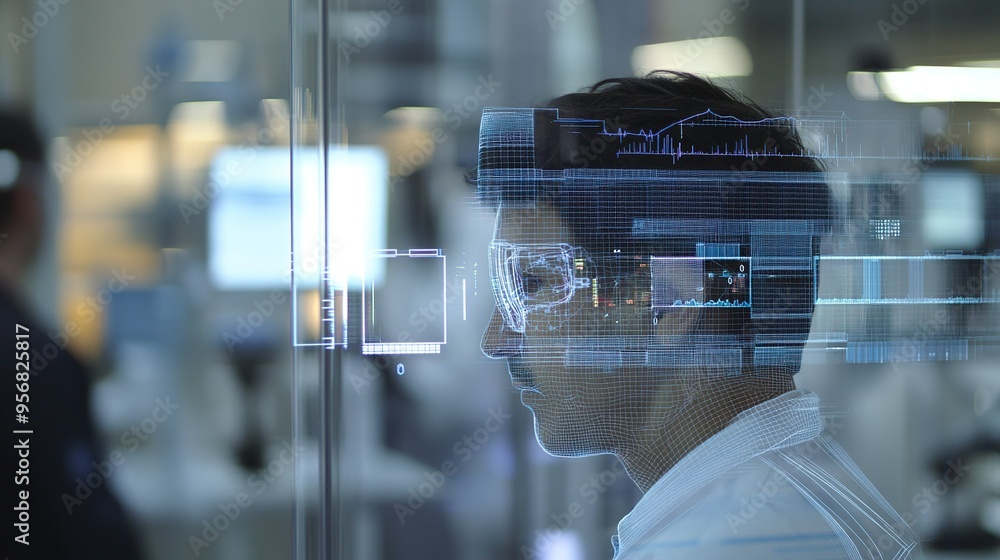 Aufkleber a scientist analyzes data on a transparent screen in a modern laboratory during a research session o