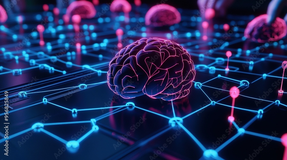 Poster neon brain with glowing networks represents advanced technology and neuroscience in a digital world
