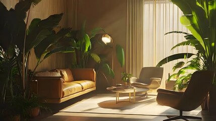 Fototapeta premium A cozy and serene modern living room with lush indoor plants sleek and contemporary furniture and a warm inviting ambiance The space features an open and airy layout