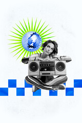 Obraz premium Composite trend artwork sketch collage of carefree party vintage nightclub young lady sit hand hold boombox face emoji think disco ball