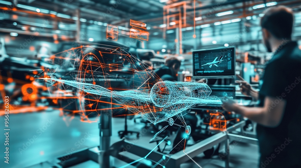 Poster engineers working on aircraft design in a high-tech manufacturing facility with digital projections 