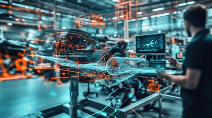 Naklejka premium Engineers working on aircraft design in a high-tech manufacturing facility with digital projections in the background