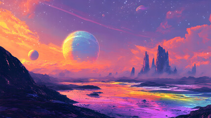 A planet with a sky that shifts between different colors, with the ground covered in rainbow-like sands.


