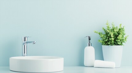 Fototapeta premium Immaculate Sink Space, a pristine sink area showcasing essential cleaning tools, emphasizing hygiene and simplicity, minimalistic backdrop, spacious and uncluttered environment