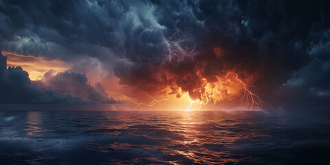 A lightning storm over the ocean with dark background 
