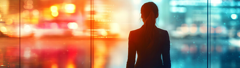 Businesswoman in a glossy abstract virtual meeting environment concept as Camera movement Pan across the screen showing a businesswoman engaging in a virtual meeting with glossy abstract backgrounds. 