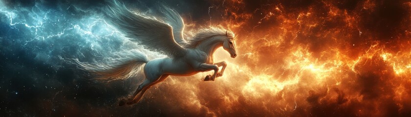 Winged Pegasus flying through a stormy sky, lightning in the background