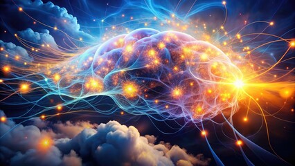 A mesmerizing abstraction of glowing neural pathways and swirling clouds of thought, symbolizing the complexities of the human mind and its endless mental connections.