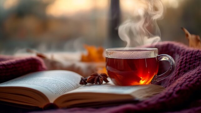 Cozy Autumn Retreat, a steaming cup of spiced tea nestled in a warm corner, accompanied by a captivating book and a soft woolen blanket, ideal for chilly evenings.