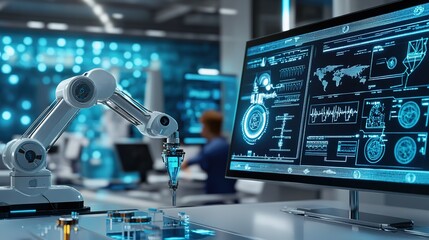 Fototapeta premium Futuristic laboratory with robotic arm and advanced digital screen displaying data and analytics in a modern workspace