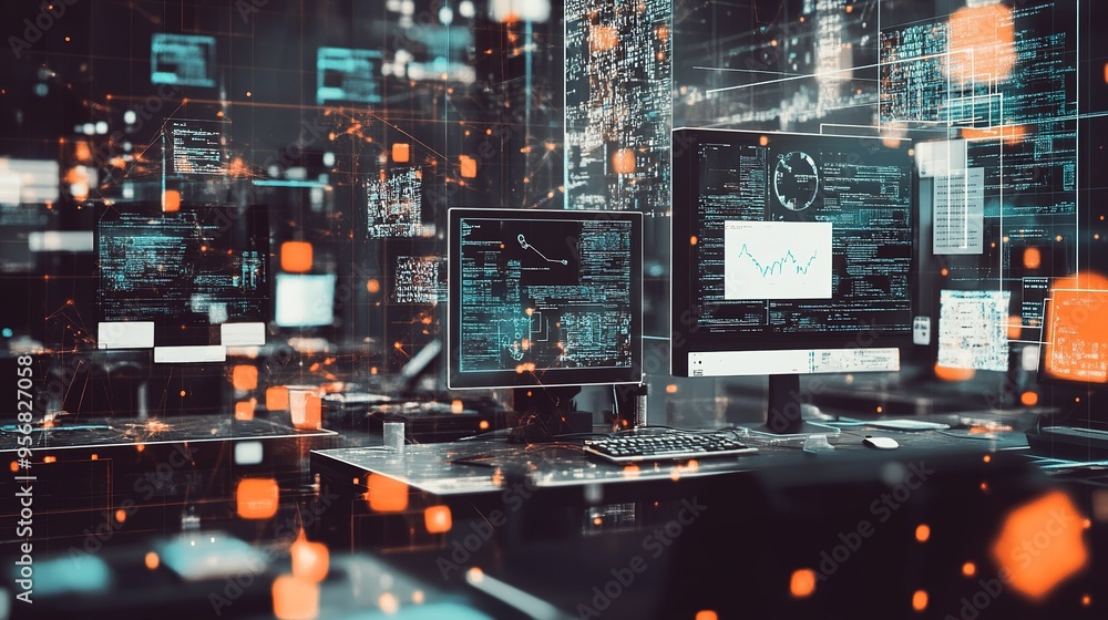 Poster high-tech workstation featuring multiple monitors and data visualization in an advanced digital envi