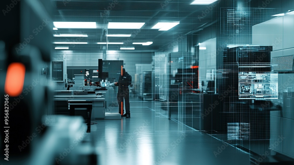 Poster high-tech laboratory with scientists conducting experiments and analyzing data in a modern facility 