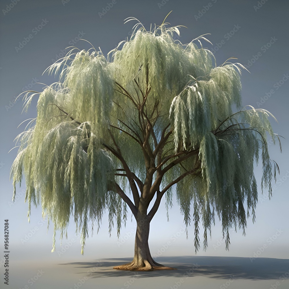 Poster a graceful weeping willow tree with long. cascading branches. isolated on a soft gray background.