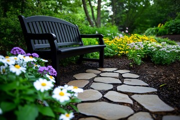 Garden benches, surrounded by blooms, quiet reflection offer a peaceful retreat in nature