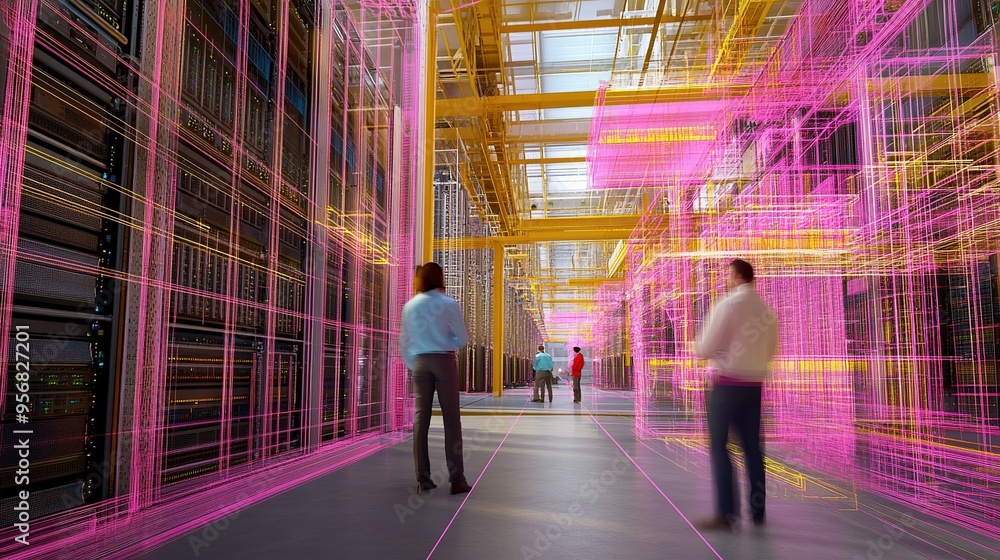 Poster exploring a modern data center with vibrant light displays and multiple individuals navigating the t