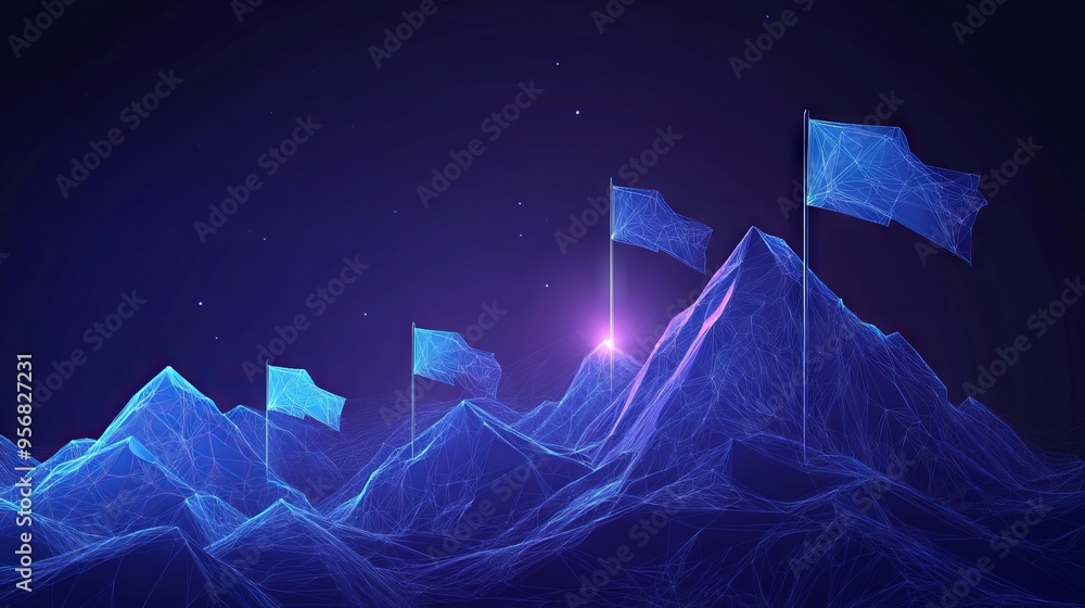 Poster abstract digital mountains range with flags in a futuristic low poly style. path to success and busi