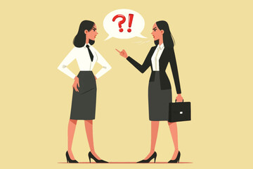 Illustration of two career women standing together between bubbles containing question marks and exclamation marks, a symbol of endless discussion