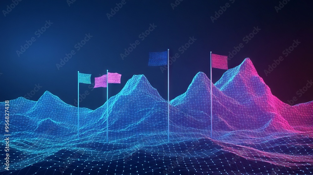 Poster abstract digital mountains range with flags in a futuristic low poly style. path to success and busi