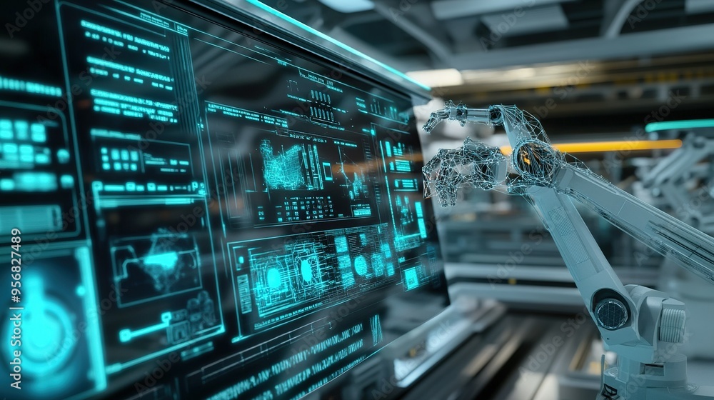 Poster a robotic arm interacts with a high-tech interface in a modern laboratory, showcasing advanced techn
