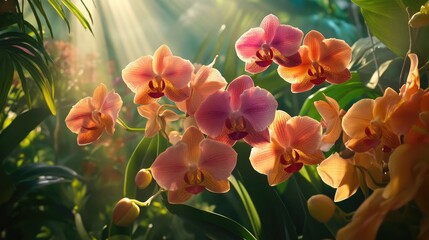 A cascade of colorful orchids in a tropical garden, with their delicate petals catching the light.