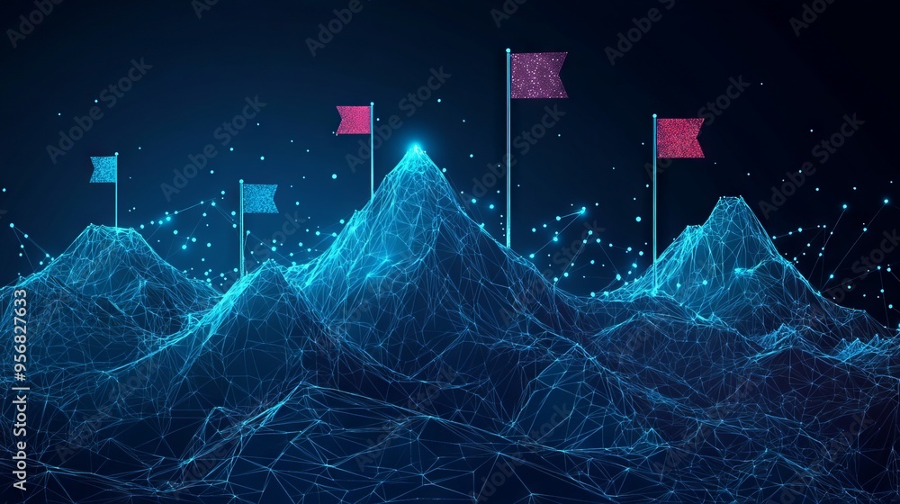 Poster abstract digital mountains range with flags in a futuristic low poly style. path to success and busi