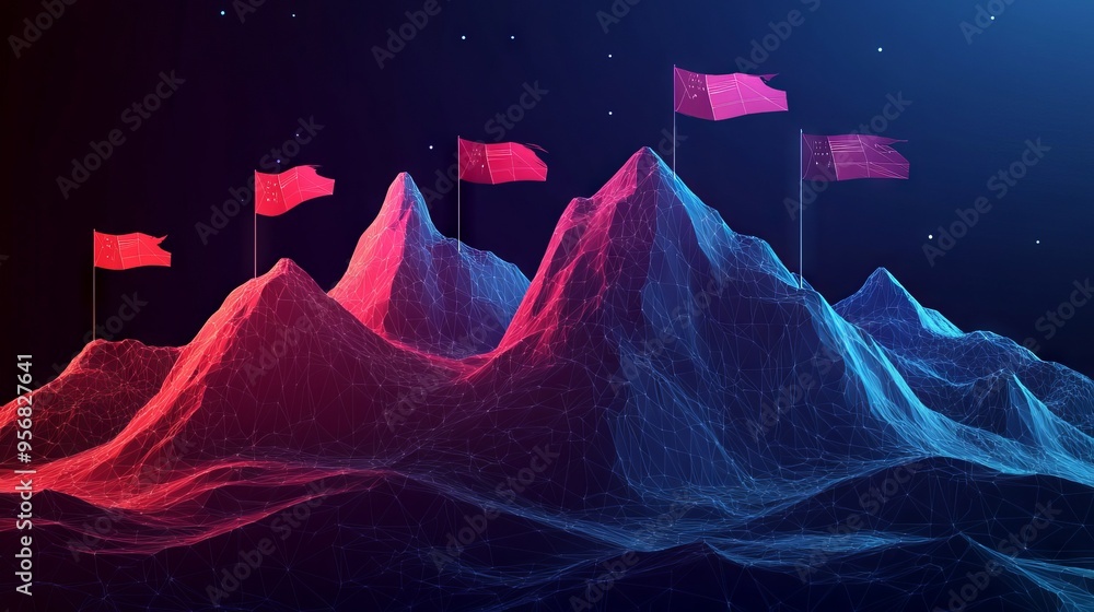 Poster abstract digital mountains range with flags in a futuristic low poly style. path to success and busi