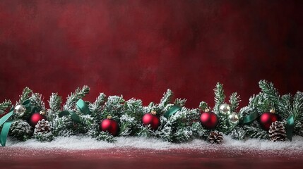 Festive holiday decorations featuring green pine branches, red ornaments, and snow against a deep red backdrop